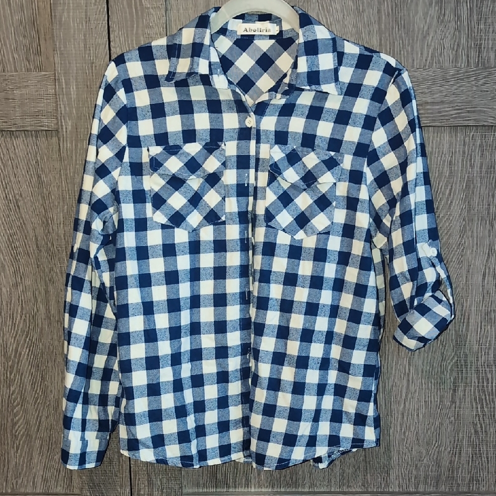 Blue and White Plaid Button-Up Shirt